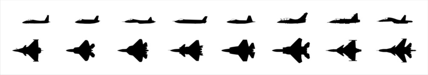 Airplane Icon silhouettes Compilation with Fighter Aircrafts, Airplane silhouette vector collection. airplane icon bundle. Using of any design vector file. aircraft icon silhouette vector icon. Vecto

