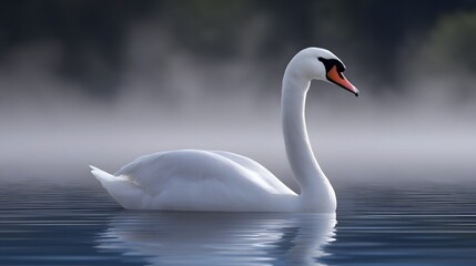 Obraz premium Serene swan floating in a misty lake with a fantasy atmosphere.