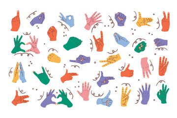 Colorful Hand gestures set. Signs, expression pointing finger, clenched fist, greeting palms, OK