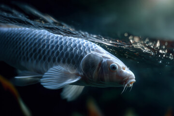 Fototapeta premium A white koi fish with copper hues floats calmly, exuding quiet strength in a blue black pond