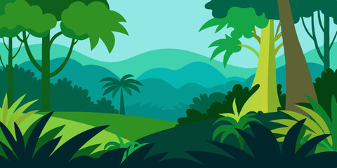 A dense wet amazon rainforest ecosystem cartoon video background scene vector illustration