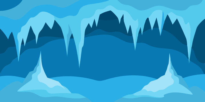 A blue frozen crystal ice cave interior cartoon video background scene vector illustration