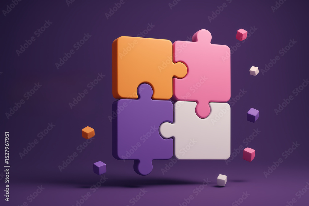 Poster conceptualizing collaboration and progress four interlocking puzzle pieces in varied colors symboliz