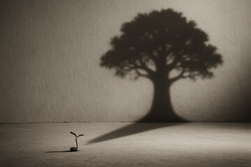 A small seedling casts a large shadow resembling a mature tree symbolizing growth potential and achievement in business