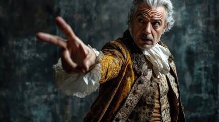 A character in a historical play gesturing dramatically, portraying the imperious nature of nobility