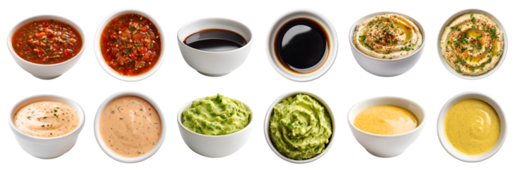 Set of different flavour sauce dip ketchup in white bowl saucer, side top view, on transparent cutout PNG. Guacamole, thousand island, Hummus, soy, salsa, mustard flavour. Mockup template for artwork	