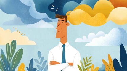 Businessman stands with arms crossed, his head surrounded by bright yellow and dark blue clouds. The conceptual illustration represents mental health and emotional balance