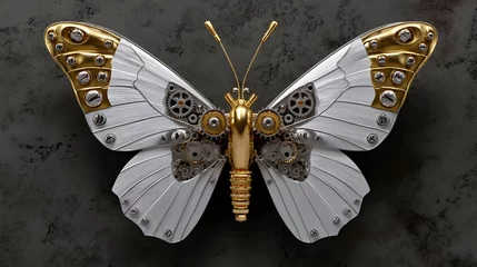 Intricate steampunk mechanical butterfly against a grunge background.