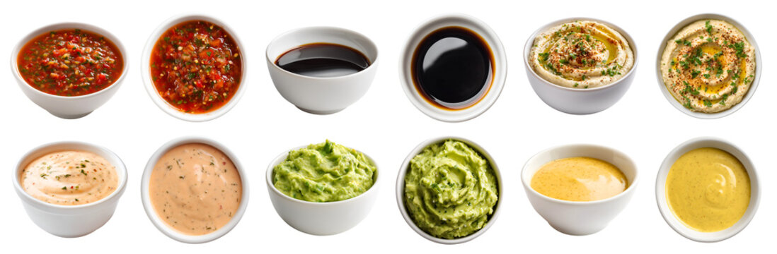 Set of different flavour sauce dip ketchup in white bowl saucer, side top view, on transparent cutout PNG. Guacamole, thousand island, Hummus, soy, salsa, mustard flavour. Mockup template for artwork	
