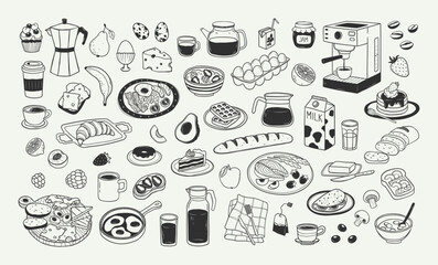 Hand drawn doodle set of different breakfast or brunch elements. Outline illustration of healthy morning food and drink in sketch style. Vintage linear design items for kitchen poster, print, menu