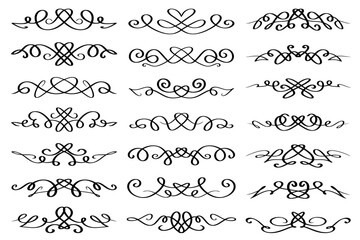 Line art abstract calligraphic design elements. Curved decorative borders with swirls and hearts. Collection of text dividers, abstract paragraph separators, luxury borders.