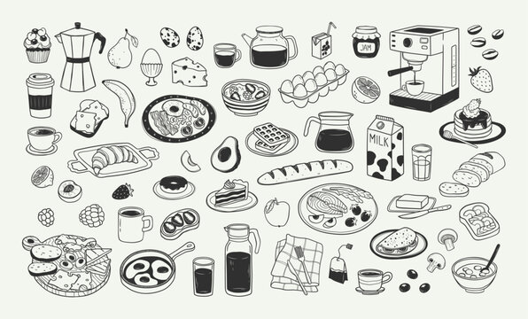 Hand drawn doodle set of different breakfast or brunch elements. Outline illustration of healthy morning food and drink in sketch style. Vintage linear design items for kitchen poster, print, menu