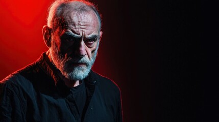 An actor performing as a stoic character on stage, maintaining an impassive face despite intense situations