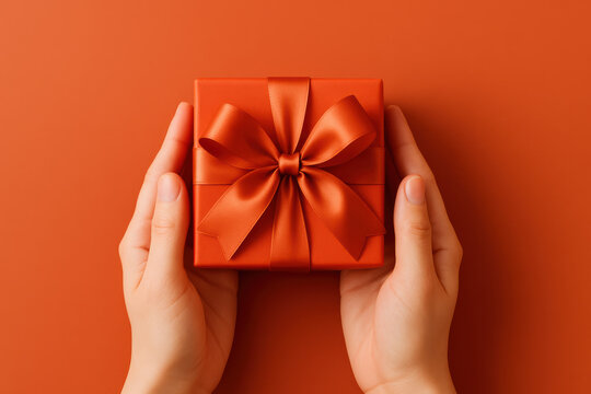 A pair hands carefully presenting a neatly wrapped gift with a large ribbon bow symbolizing thoughtful exchange and generosity in a business context