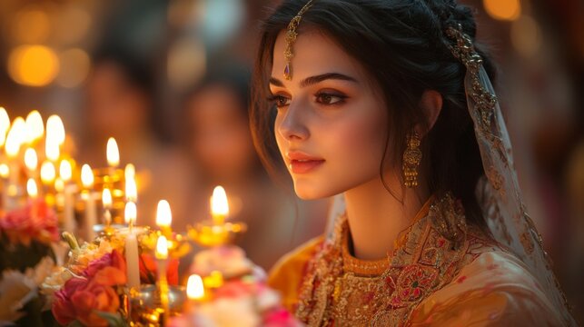 A woman dressed in ornate traditional attire observes the flickering candles surrounded by colorful floral arrangements. The warm light creates a serene ambiance during a festive occasion.