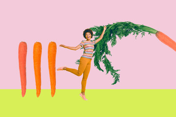 Banner trendy sketch 3d artwork collage poster of astonished girl hold greenery carrot leaves harvest nutrition detox diet food