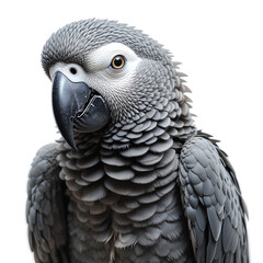 Obraz premium Close up portrait of a gray parrot with a black beak against a white background in sharp focus