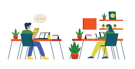Set of Coworking space at Home. Flat Cartoon Vector Illustration