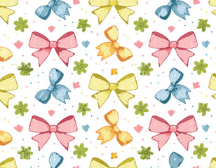 Floral pattern. Bow ribbon seamless background with flower coquette. Vector preppy print. Crayon floral pattern.mother, chalk, damask, elegant, ornament, pastel, print, repeat, ribbon, textile,