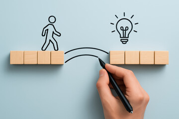 Bridging ideas with creative thinking and progress a draws a connection between a walking figure and a lightbulb symbolizing innovation