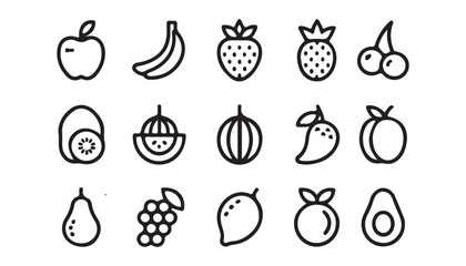 Simple Black Line Art Icons of Various Fruits