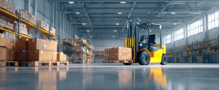 The forklift navigating in a well-organized warehouse filled with boxes.