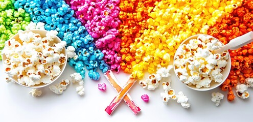 Colorful popcorn in rainbow colors scattered and in bowls