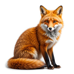 Fototapeta premium A captivating red fox sitting gracefully with its fluffy tail on a pristine white background studio shot