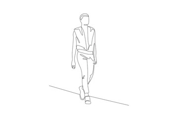 One single line drawing of male fashion show model walking. Fashion model minimalist concept. Fashion trendy minimalist concept. Simple line for fashion.