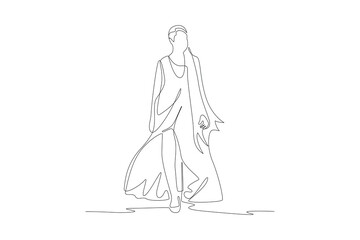 One single line drawing of beautiful fashion model in long dress. Fashion model minimalist concept. Fashion trendy minimalist concept. Simple line for fashion.
