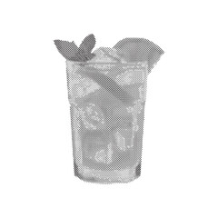 Cold drink with lemon ice and cinnamon in retro halftone grunge style on isolated white background in vector