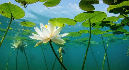 Underwater view of lily pads and a white water lily blossom on clear water