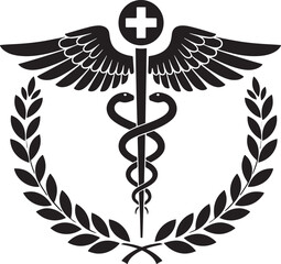 Fototapeta premium Caduceus medical symbol with cross and wings in laurel wreath for health and medicine vector