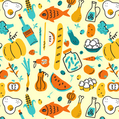 Seamless vector pattern with cute cottagecore illustrations. Spring and summer background. Gardening and countryside lifestyle. Wallpaper, wrapping paper, textile design