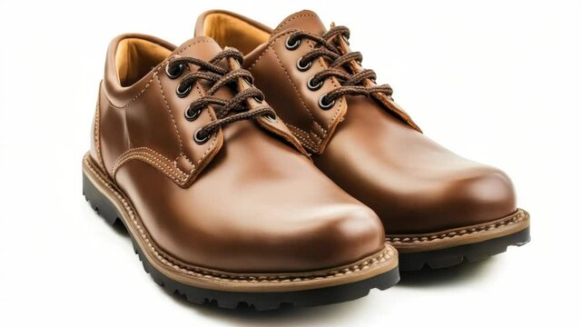 Brown leather lace-up shoes with durable soles, realistic style, isolated on white background. Concept of footwear and fashion