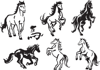 筆で描いた　馬　セット