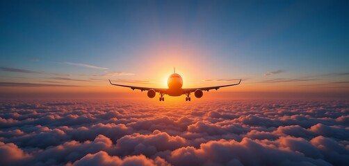 Airplane Flying Above Clouds During a Colorful Sunrise