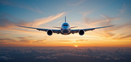 Airplane Flying Above Clouds at Sunset with Orange Sky