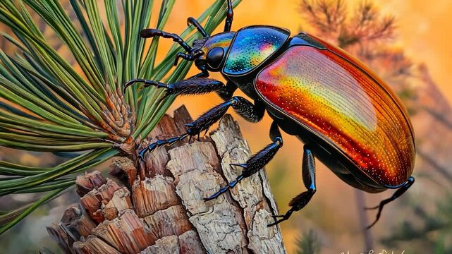 Colorful beetle on pine cone