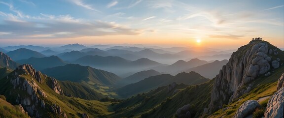 Mountain Summit View at Sunset with Valley and Distant Peaks