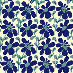 Seamless floral pattern featuring stylized blue flowers with green centers and stems on a cream background, creating a fresh and decorative botanical design.