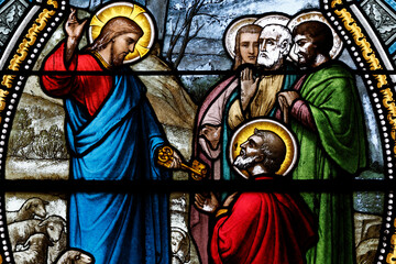Saint Germain church.  Stained glass. Christ handing the keys to Saint  Peter. Saint-Germain du...