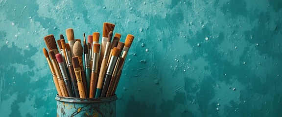 Paintbrushes in Container Against Textured Blue Backdrop