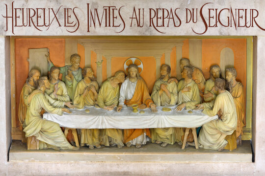Assumption church. Jesus and the Apostles at the Last Supper on Maundy Thursday. Lessard en Bresse. France.