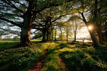 Naklejka premium Sunlight filters through trees onto a grassy path lined with yellow flowers in a park creating a serene sunlit scene