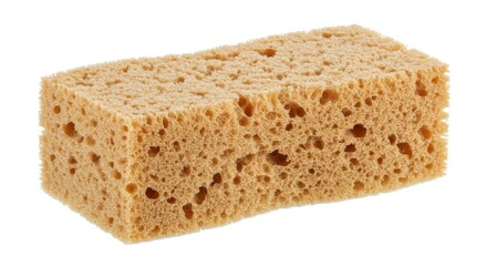 Porous, rectangular sponge with rounded edges on a white background. Close-up shot