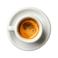 Naklejka premium Espresso coffee in white cup top view, isolated on transparent background, perfect cutout, PNG