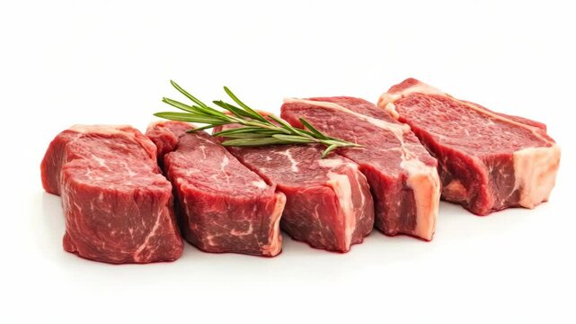 Five raw beef steaks arranged in a row with a rosemary sprig on top, natural photo style, isolated on a clean white background, concept of fresh meat