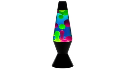 A colorful lava lamp with black base and cap. 
