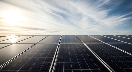 Solar Panels Array Generating Renewable Energy Under Cloudy Sky